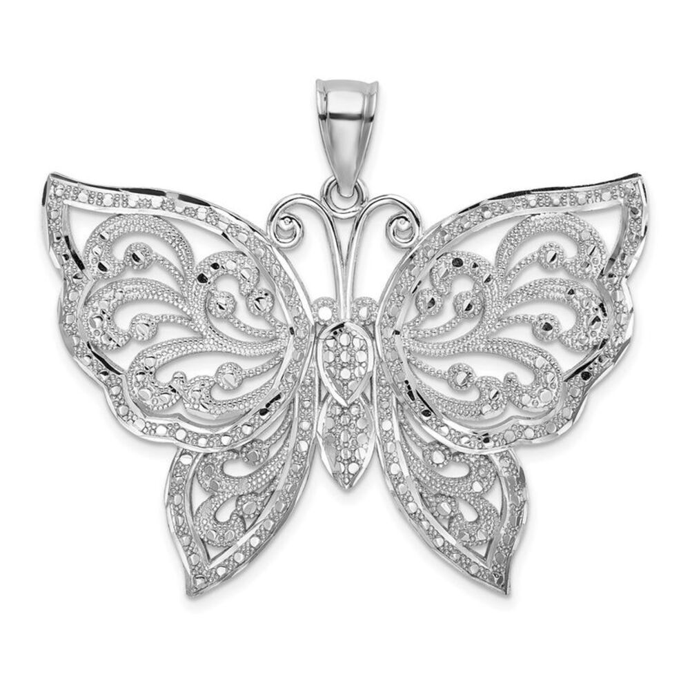 14k White Gold Filigree Butterfly Pendant, 42mm